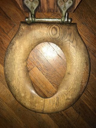 Antique Salvaged Oak Toilet Seat Heart Shaped Hardware Hinges Bathroom Vintage 5