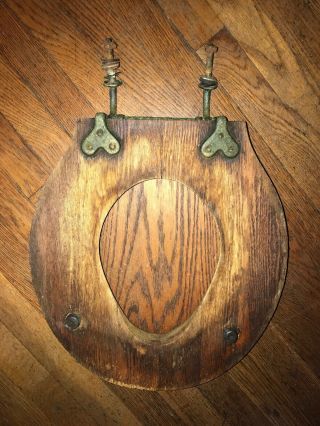 Antique Salvaged Oak Toilet Seat Heart Shaped Hardware Hinges Bathroom Vintage 6