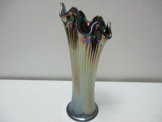Antique Fenton Carnival Glass Vase Fine Rib Pattern Cobalt Blue Color 8 " Tall