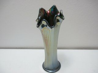Antique Fenton Carnival Glass Vase Fine Rib Pattern Cobalt Blue Color 8 