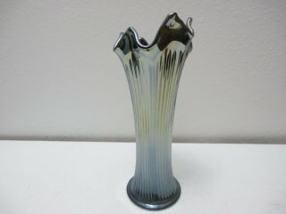 Antique Fenton Carnival Glass Vase Fine Rib Pattern Cobalt Blue Color 8 