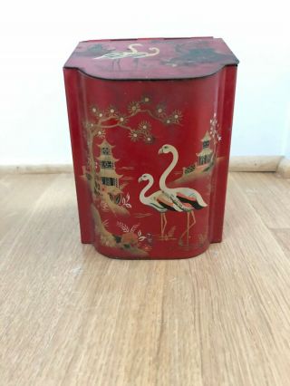 Antique Red Chinoiserie Baret Ware Tea Tin With Cranes Design Made In England