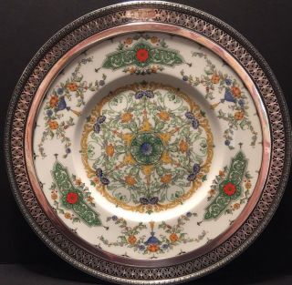 Antique Royal Worcester Canopic Sterling Rim Charger / Plate Registered 3310