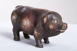 Vintage Antique Cast Iron Coin Bank Figurine Black Pig 4 