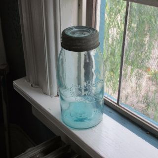 Vintage Crown Aqua Half Gallon Fruit Jar,  Glass Insert & Zinc Band