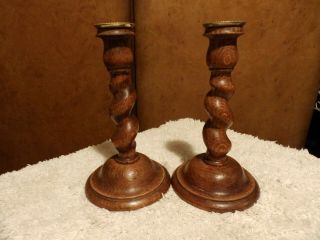 Oak Barley Twist Candlesticks With Brass Candle Holders