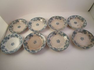 Antique Upper Hanley Semi Porcelain Victoria Blue Set Of 8 Butter Pat Dishes