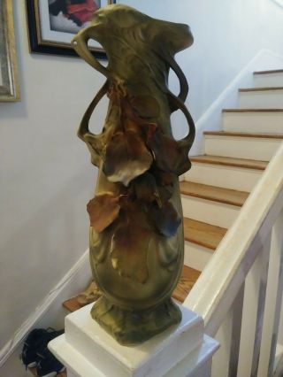Large Antique Royal Dux Art Nouveau Roses Vase 16  High