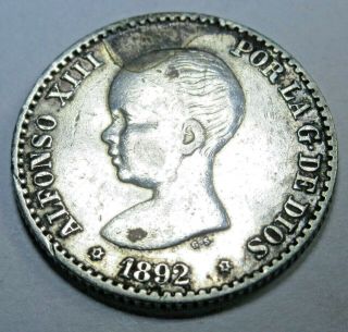 Spain Xf - Au Details 1892 50 Centimos Fifty Cent Antique Old Spanish Silver Coin