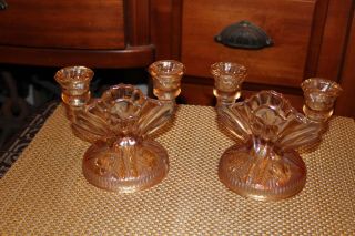 Antique Depression Glass Candlestick Holders - Pair - Art Deco Style Candle Holders