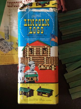 Vintage Wood Lincoln Logs Play Set With Design Book & Box