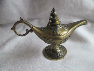 Vintage Miniature Brass Aladdin Genie Lamp Egyptian Design With Blue Rhinestones