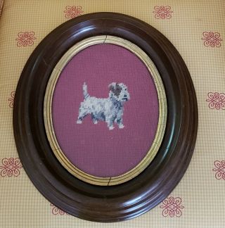Sealyham Terrier Antique Needlepoint In Oval Wood And Gold Frame