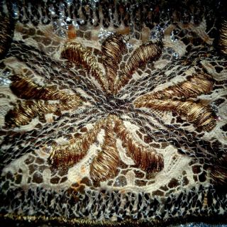 Exquisite Circa 19th Century Handmade Lame And Lace Small Fragment 3 1/2 " By 3 "