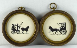Vintage Antique Silhouette Pictures Set Pair 2 Small Round Horse Buggy Gt - 20