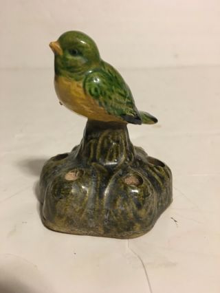 Awesome Antique Glazed Clay Pottery Bird On Flower Frog