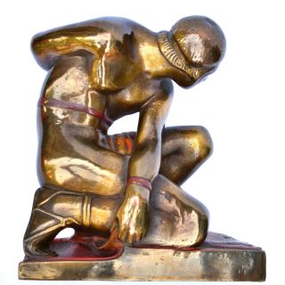 Antique Art Deco - Bookend - Nude Male Athlete - Bronze Clad & Polychrome