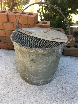 Vintage Galvanized Pail Metal Minnow Trap Bucket Homemade Primitive Fishing Gear