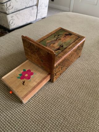 Antique Chinese Magic Trick Wooden Puzzle Box Wood Inlay,  2 Dachs Secret Drawer.