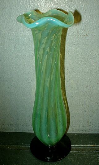 Antique Kralik Loetz Bohemian Art Glass Vase Green Opalescent Swirl / Black Base