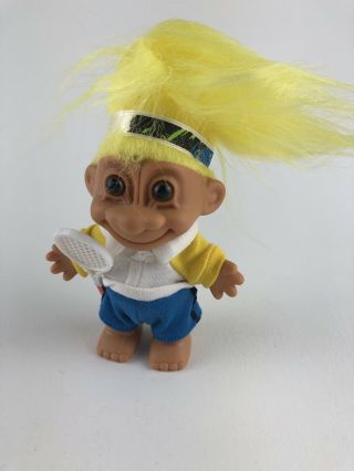Russ Troll Doll 4 1/2” Yellow Hair Vintage Tennis Player Gift Racket 18412
