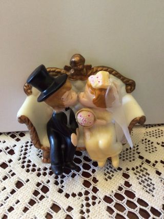 Vintage Wedding Cake Topper Wilton Gold Bride Groom Kissing Couch Chicago 1970