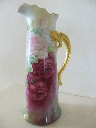 Large Pouyat Limoges Hand Painted Tankard Pitcher Antique French Porcelain