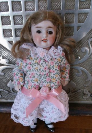7 1/2 " Antique All Bisque Jointed Doll With Open Mouth (w/teeth) /sleep Eyes