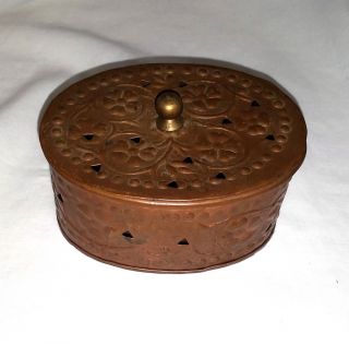 Vintage Arts Crafts Hand Hammered Copper Oval Vanity Trinket Box Cigarettes Lid