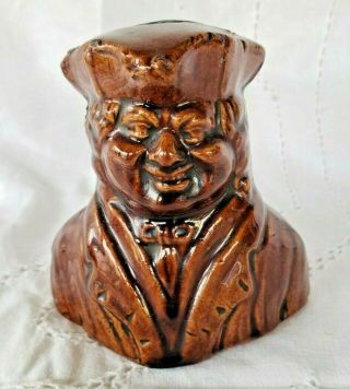 Antique Treacle Glazed Stoneware Bank Of A Gentleman With Tricorn Hat 1800 