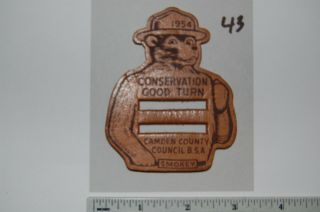 Boy Scout Camden County Council Smokey The Bear 1954 Leather Patch 43