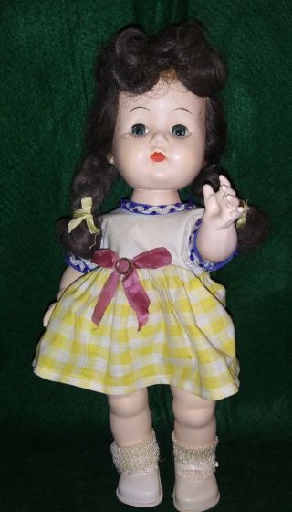 Vintage 10 " Girl Hard Plastic Doll; With Front And Back Button To Move Doll
