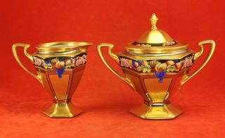 Antique Signed Rean Pickard Footed Creamer And Sugar Bowl - Encrusted Fruit