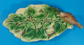 Antique Majolica Small Oval Tray With Little Brown Bird & Morning Glories Lovely
