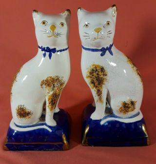 Antique Staffordshire Cat Figurines With Cobalt Blue Bases