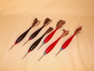 6 Vintage / Antique Wood Darts Wooden Steel Tips Feathers For Dartboard