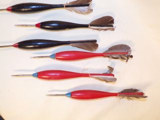 6 Vintage / Antique Wood Darts Wooden Steel Tips Feathers For Dartboard 2