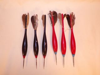 6 Vintage / Antique Wood Darts Wooden Steel Tips Feathers For Dartboard 4