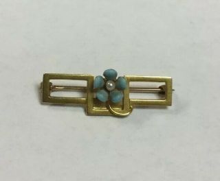 Antique Vintage 14k Gold Blue Enamel Forget - Me - Not Seed Pearl Pin