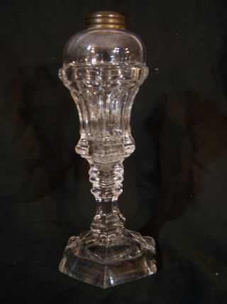 Antique C1850s Whale Oil Flint Glass Fluid Lamp Hexagonal Sandwich Eapg 9 1/2 "