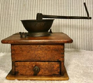 Primitive Antique Wood And Iron Hand Crank Coffee Grinder With Pull - Out Drawer