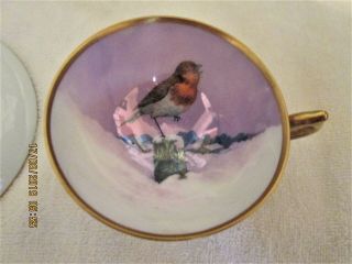 RARE ANTIQUE DRESDEN CHINA PEDESTAL CUP & SAUCER BIRDS COLORFUL RAISED MIDDLE 3