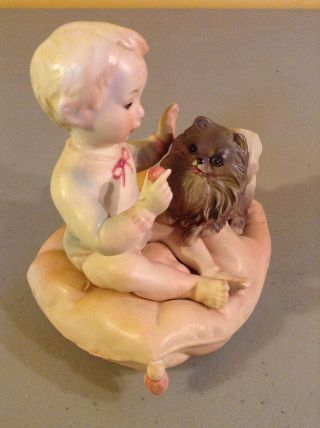 VINTAGE ANTIQUE EARLY PORCELAIN BISQUE PIANO BABY ON PILLOW W/ PUPPY DOG 2
