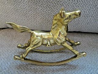 Vintage Brass Rocking Horse Figurine Western Saddle Stirrups Heavy 7.  25 " Long