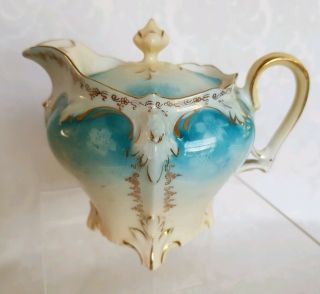 Antique R.  S.  Prussia Footed Lided Syrup Germany Turquoise Blue &gold Art Nouveau
