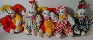 5 Hand Painted Porcelain Face Clown Dolls.  Sand Filled,  Cotton Material.  Vintage