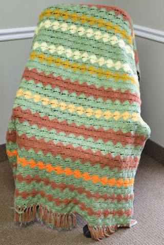 Vintage Crochet Light Green Brown Chevron Afghan Blanket Throw 64 X 34