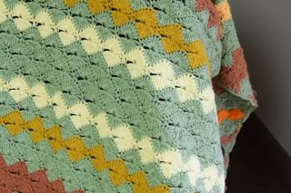 Vintage Crochet Light Green Brown Chevron Afghan Blanket Throw 64 x 34 2
