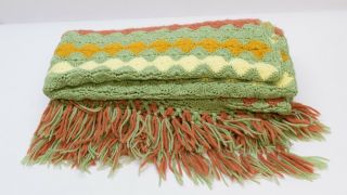 Vintage Crochet Light Green Brown Chevron Afghan Blanket Throw 64 x 34 4