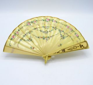 Antique Edwardian Japanese Hand Painted Celluloid Fan W/ Silk Ribbon